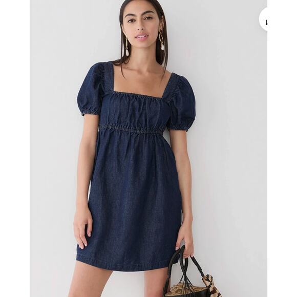 J.Crew NWT Dark Denim Puff Sleeve Square Neck Midi Dress Size 18 Milkmaid Cut - Picture 1 of 9